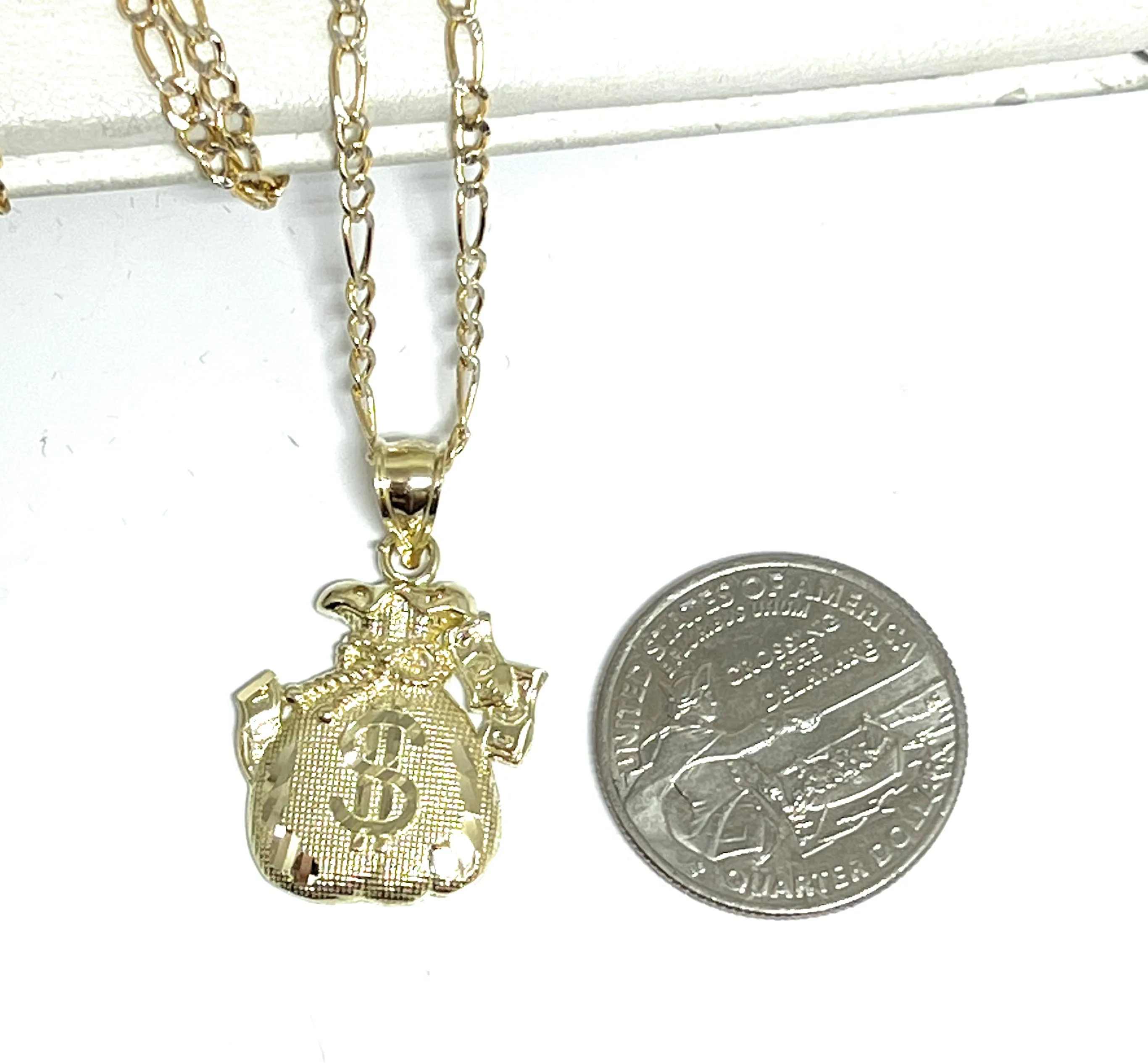 10k Solid Money Bag Dollar Sign Pendant Necklace