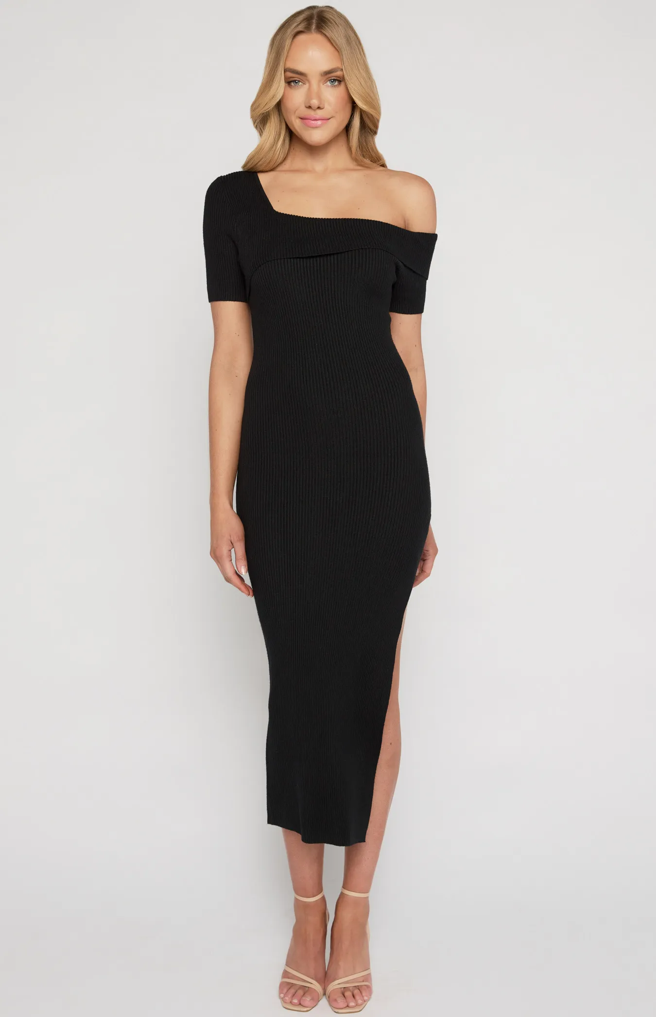 Asymmetric Neckline Knit Midi Dress WKN580