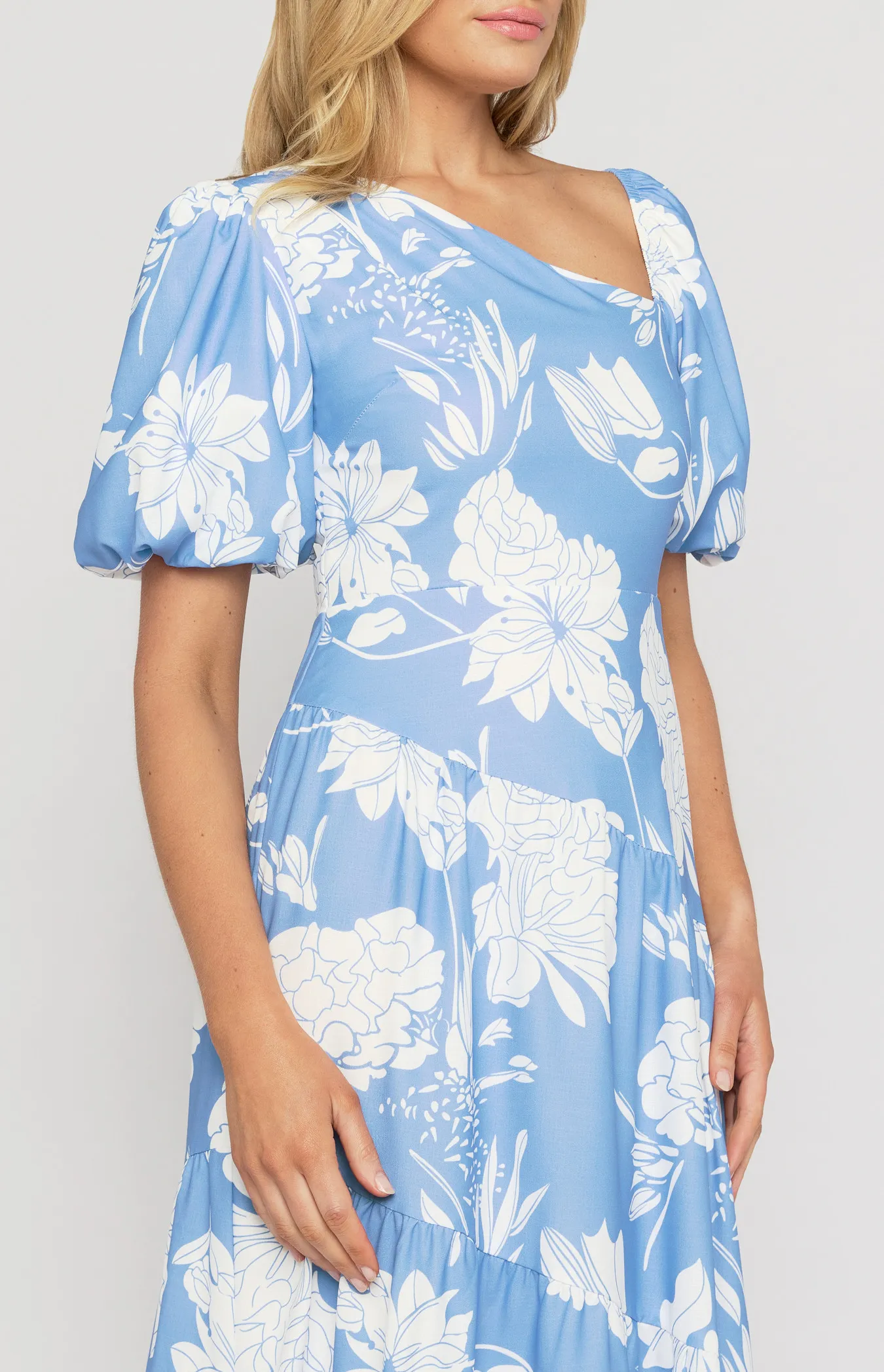 Asymmetrical Neckline Floral Midi Dress SDR1445A