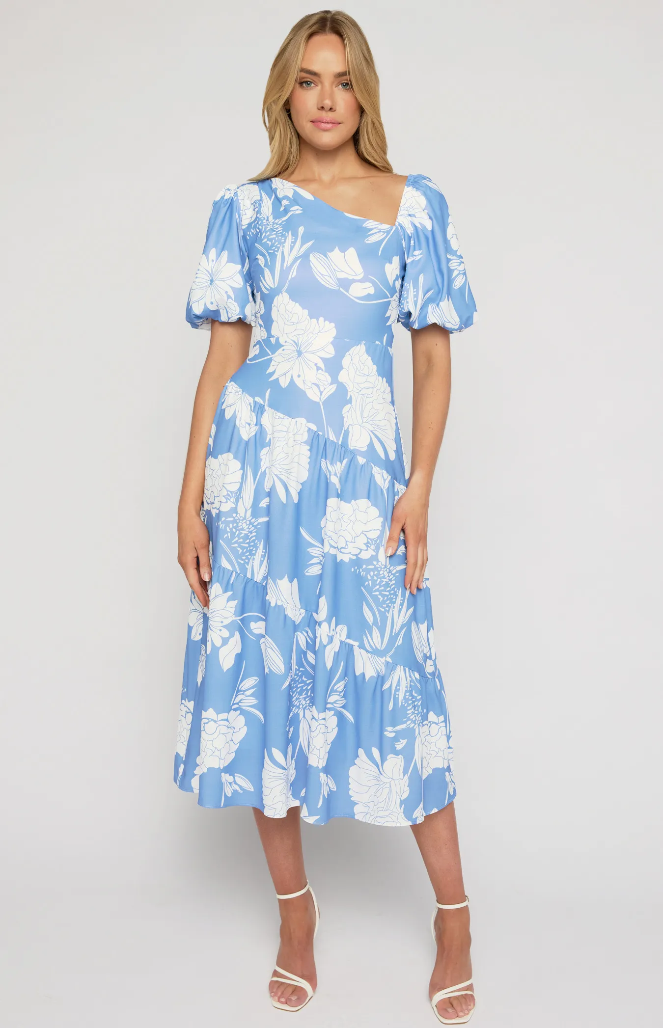 Asymmetrical Neckline Floral Midi Dress SDR1445A