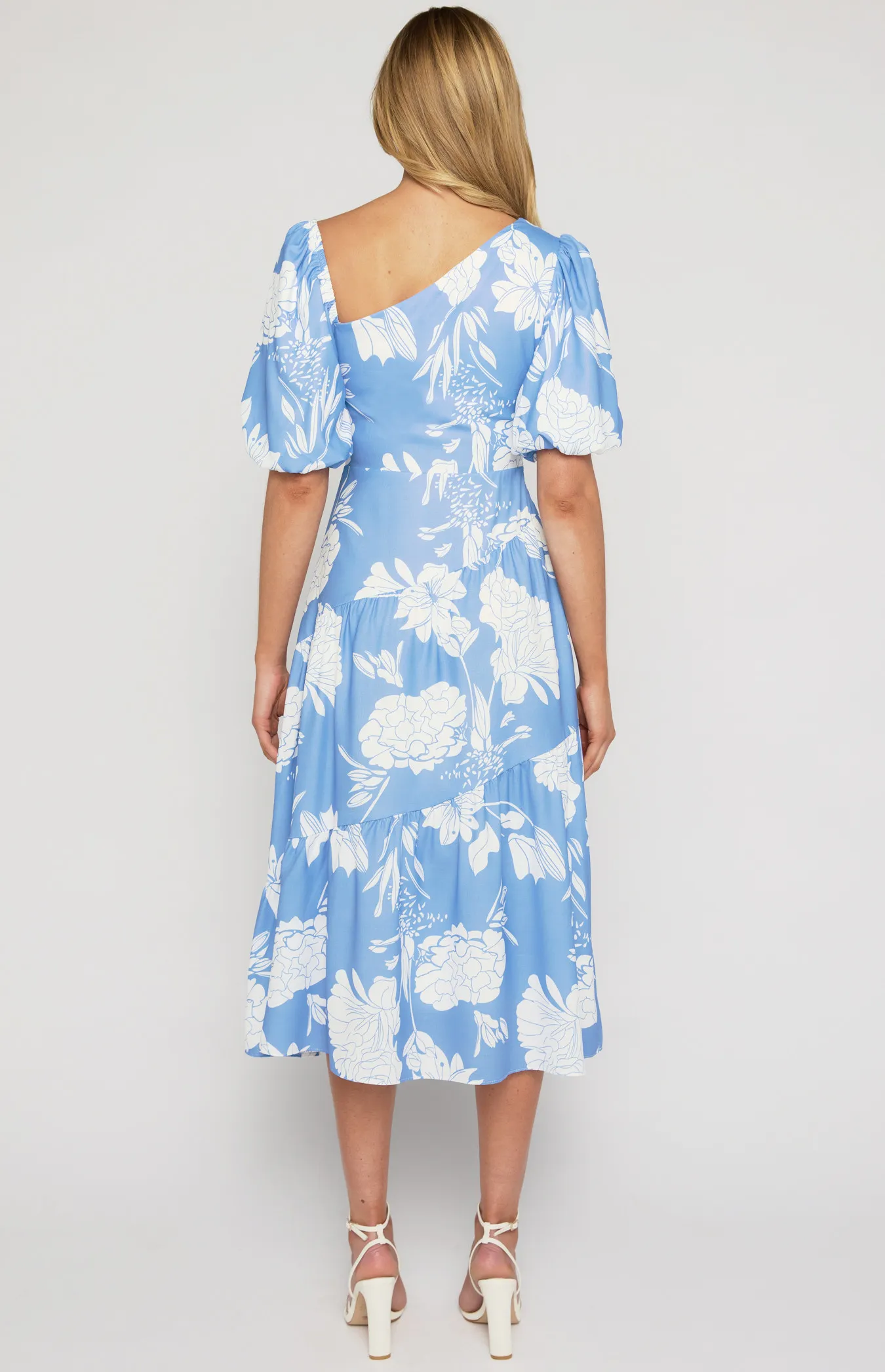 Asymmetrical Neckline Floral Midi Dress SDR1445A