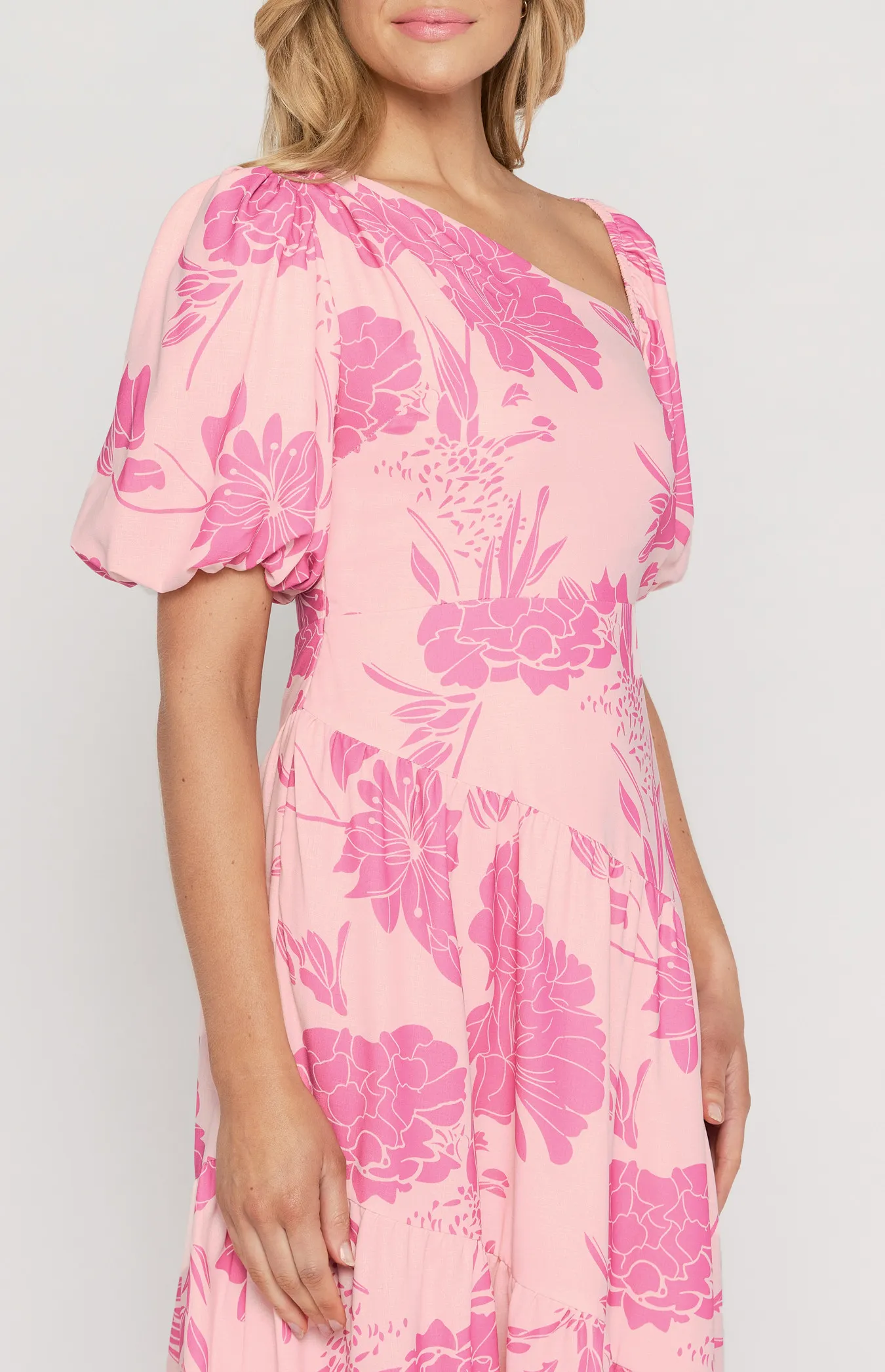 Asymmetrical Neckline Floral Midi Dress SDR1445A