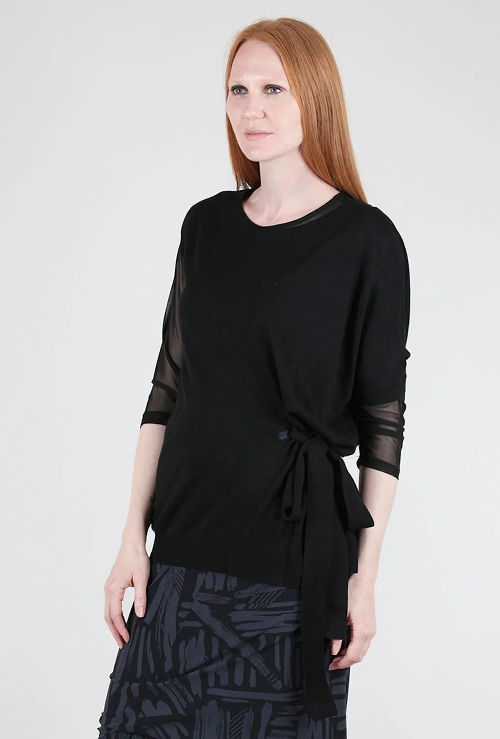 Asymmetrical Tie-Detail Black Sweater