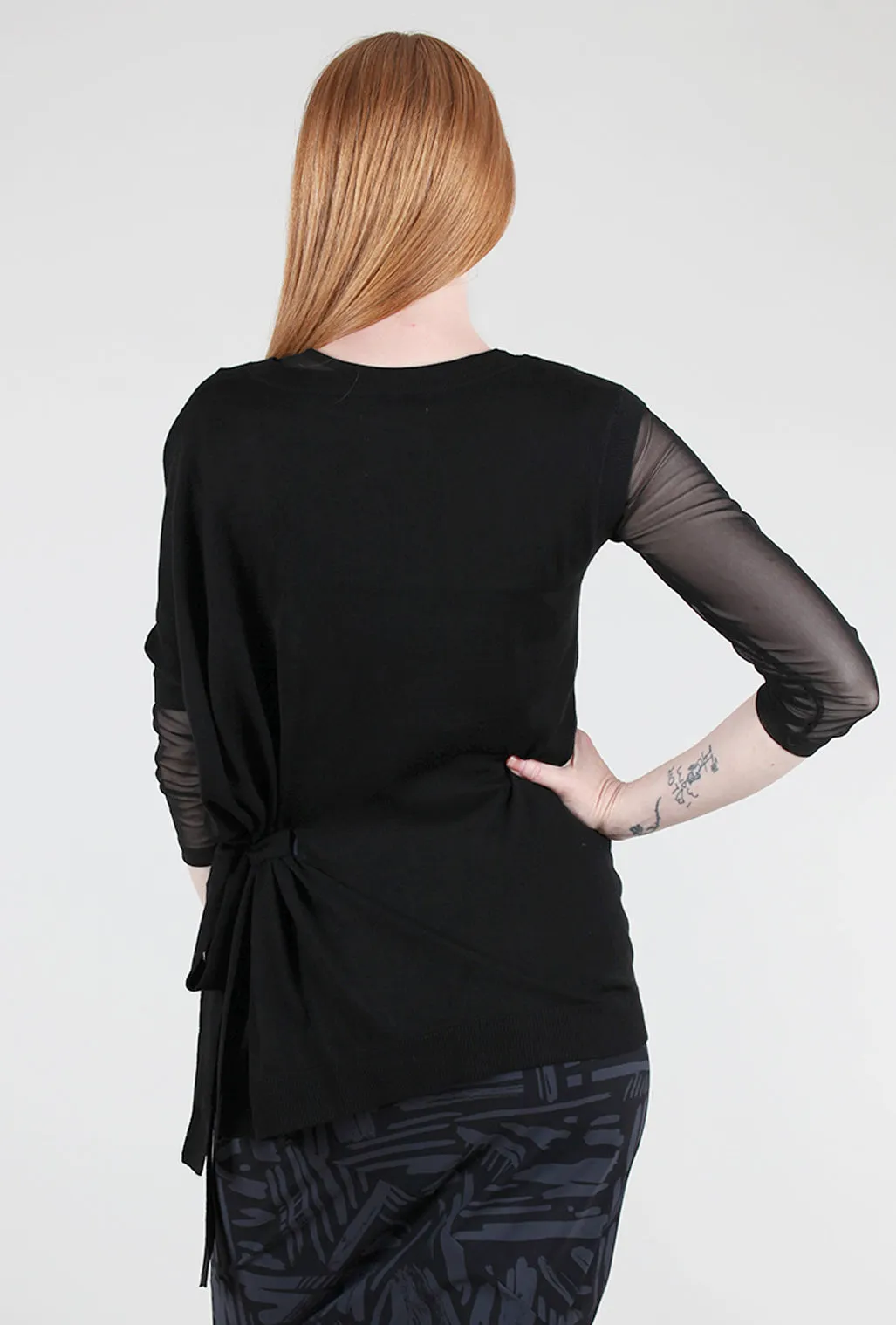 Asymmetrical Tie-Detail Black Sweater