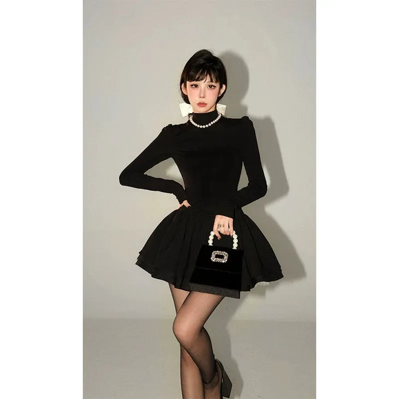 Aunt Barbie's Christmas outfit, little black dress for women, autumn and winter new style, waisted tutu skirt, knitted dress, bi