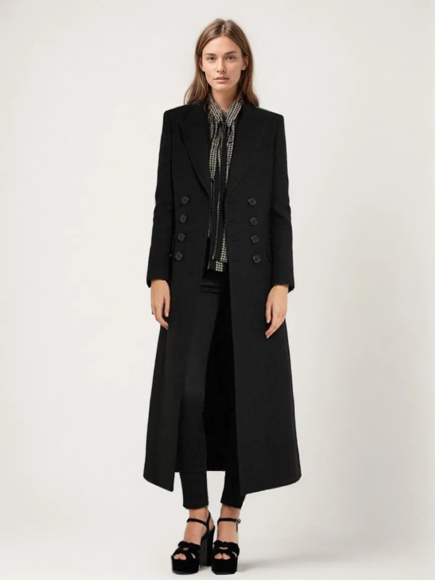 Black Double-breasted Full Length Wrap Coat for Women - Winter 2024