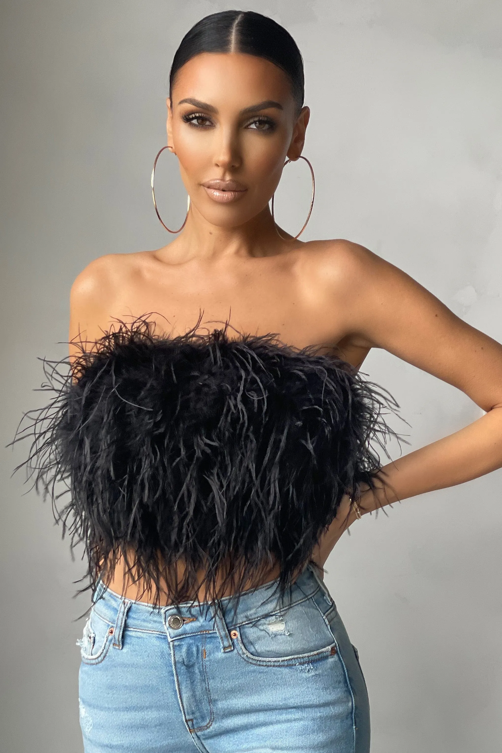 Black Feather Bandeau Crop Top - Dream Daze