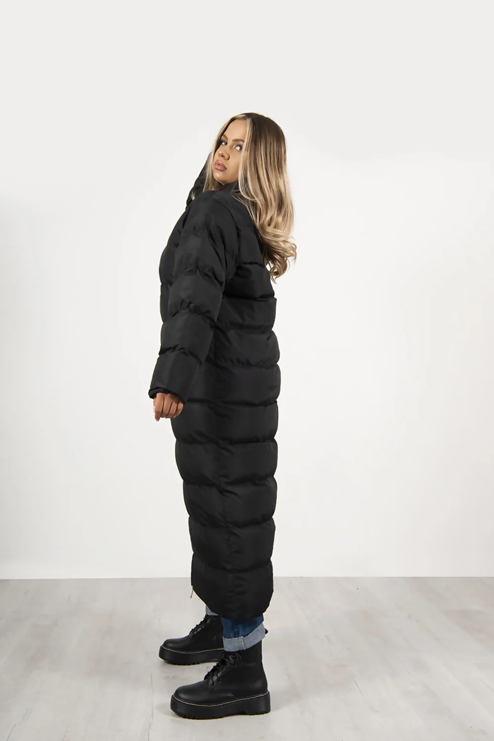 Black Maxi Longline Puffer Coat for Plus Size Women