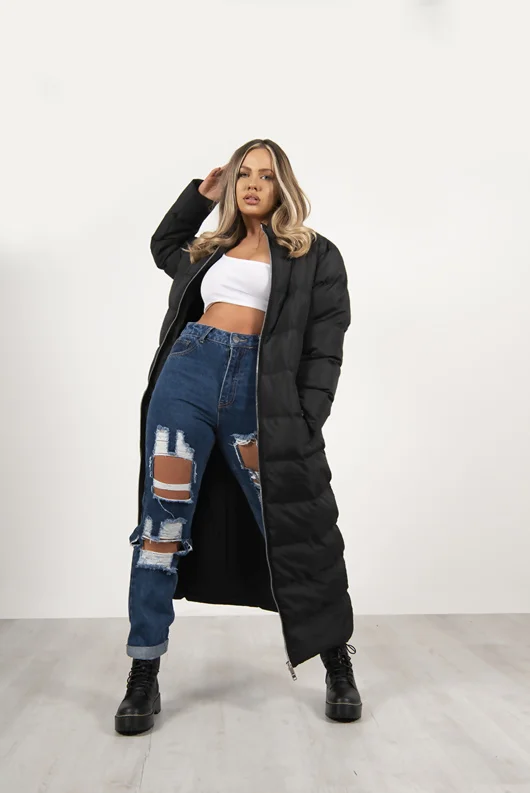 Black Maxi Longline Puffer Coat for Plus Size Women