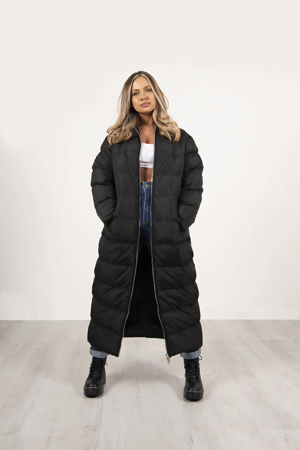 Black Maxi Longline Puffer Coat for Plus Size Women