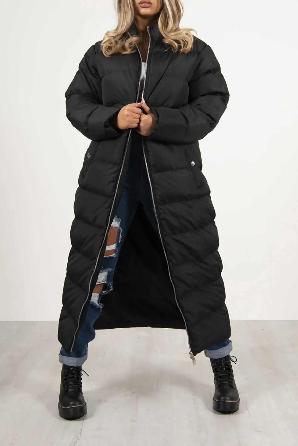 Black Maxi Longline Puffer Coat for Plus Size Women