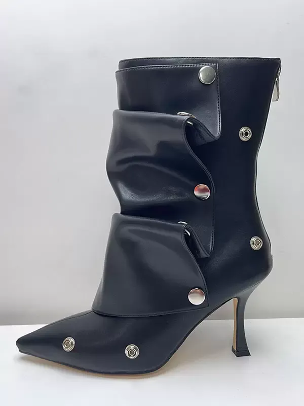 Black Pointed Toe Ankle Boots with Detachable High Heel