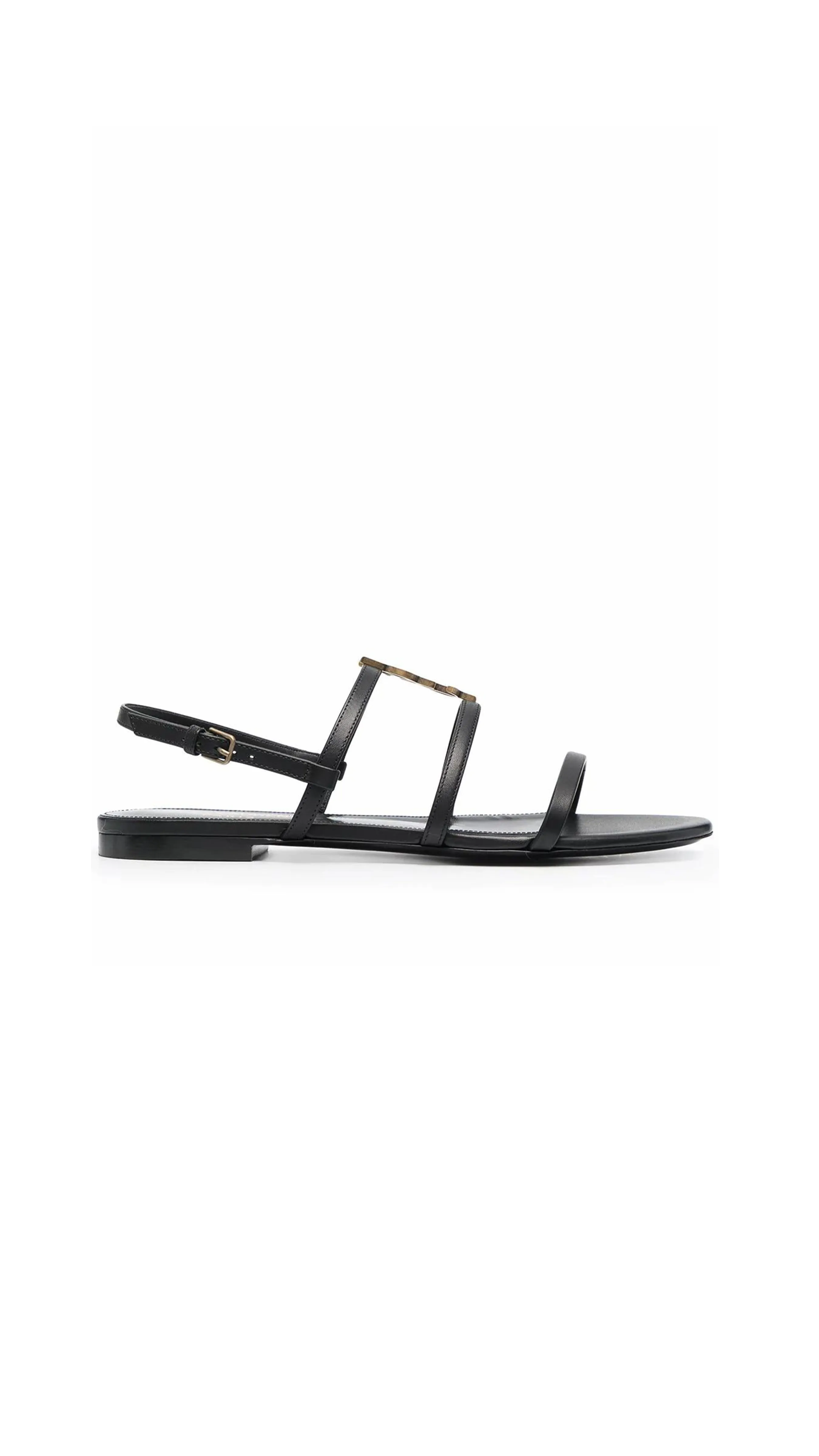 Black Smooth Leather Cassandra Flat Sandals with Gold-Tone Monogram