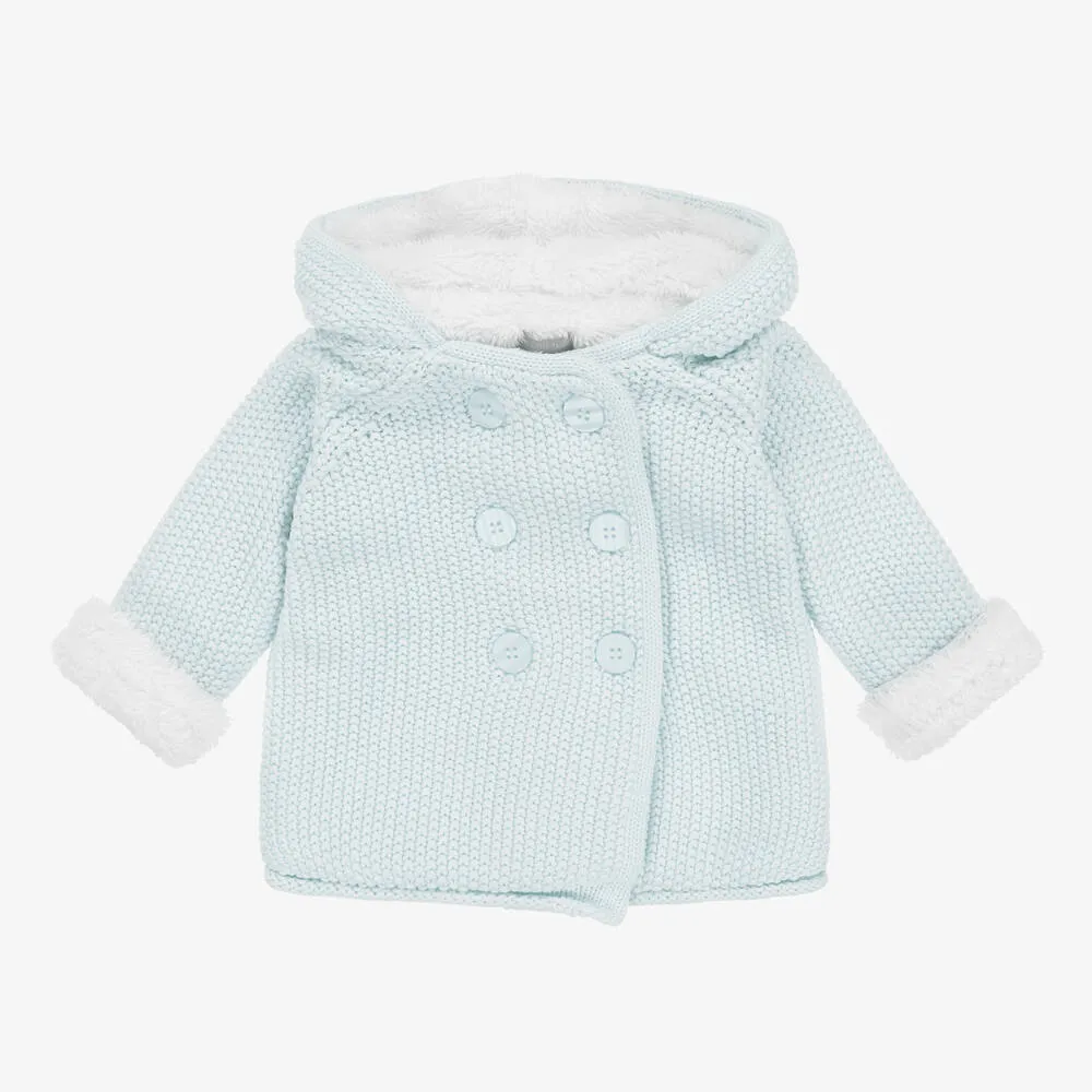 Blue Cotton Hooded Knitted Pram Coat