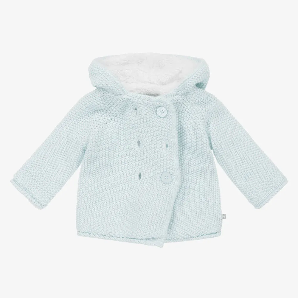 Blue Cotton Hooded Knitted Pram Coat