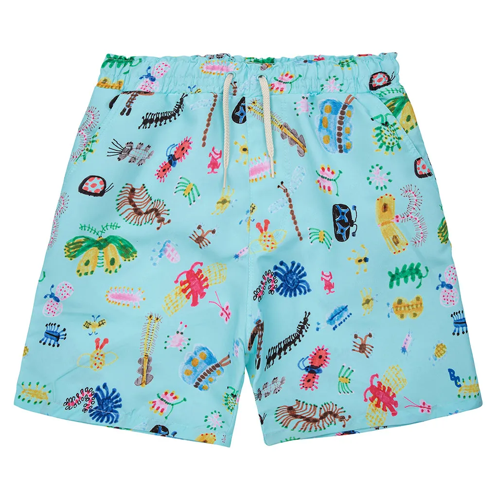 Child Funny Insects All Over Swim Shorts Aqua Blue by Bobo Choses