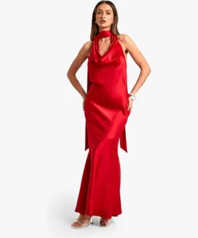 Satin Halterneck Maxi Dress for Women by boohoo