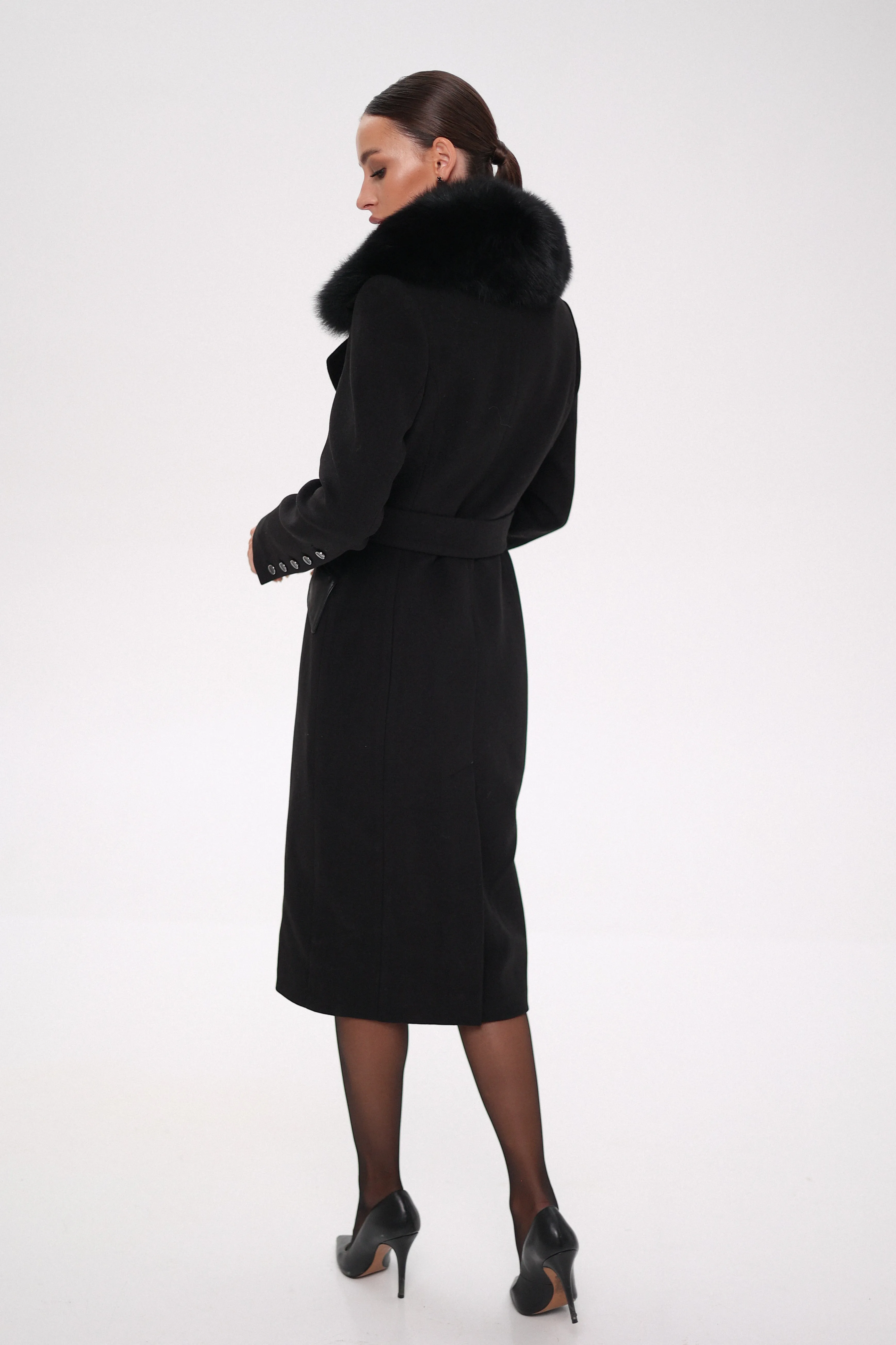 Cashmere Wool Coat with Genuine Polar Fox Leather Trim, Named Kendra