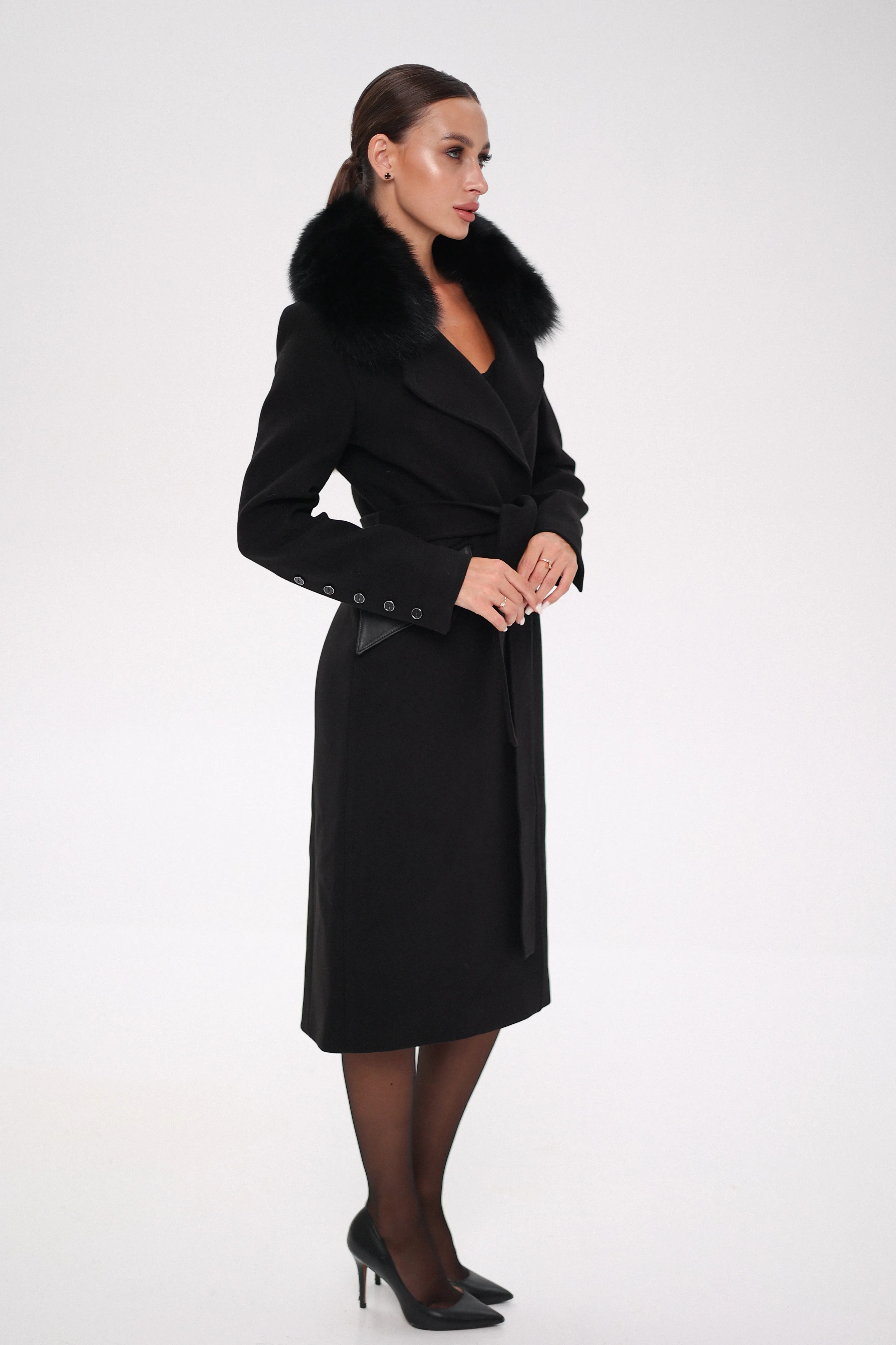 Cashmere Wool Coat with Genuine Polar Fox Leather Trim, Named Kendra