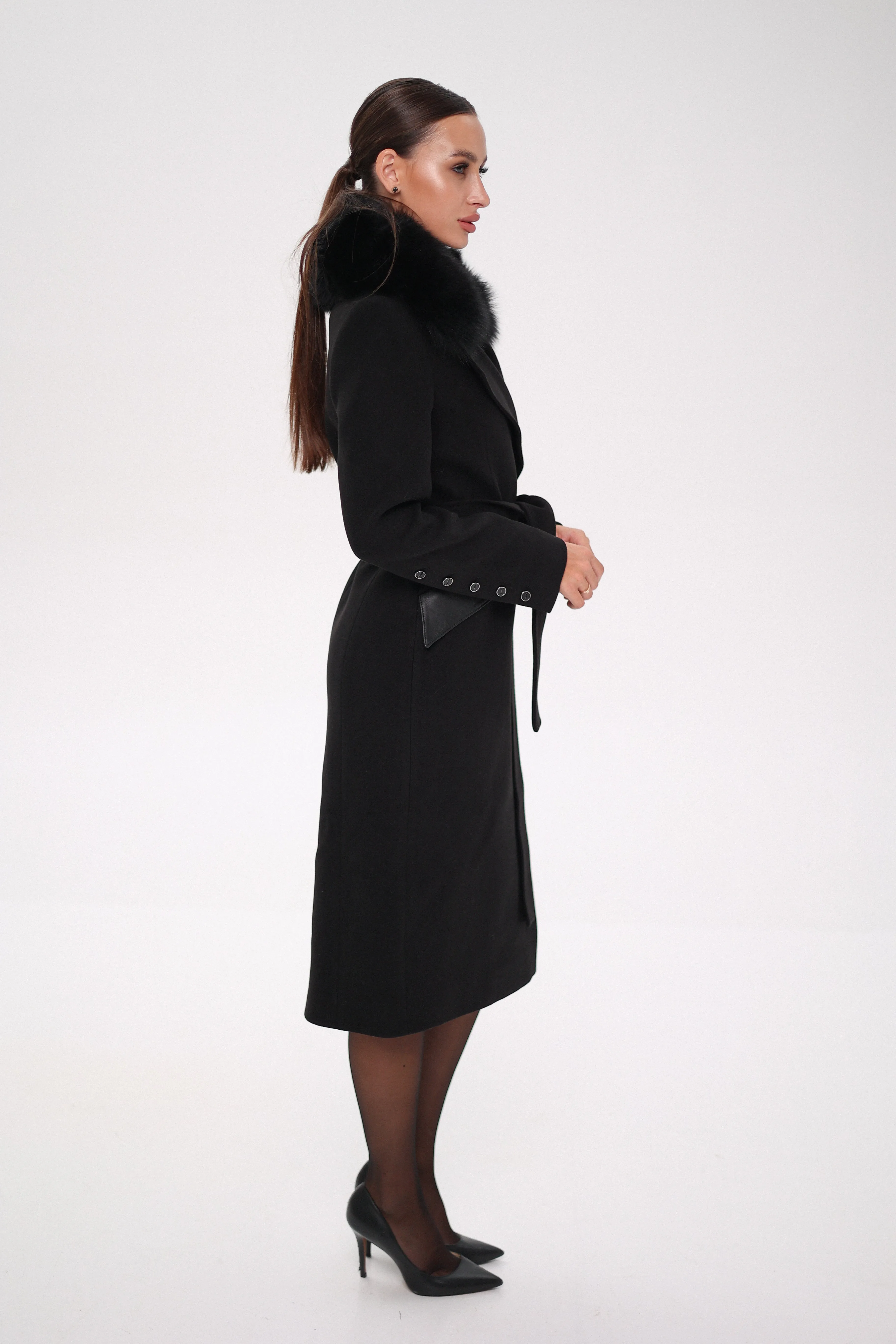 Cashmere Wool Coat with Genuine Polar Fox Leather Trim, Named Kendra