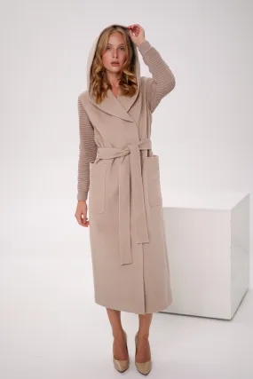 Cashmere Wool Coat with Knit Sleeves and Hood in Nude Color