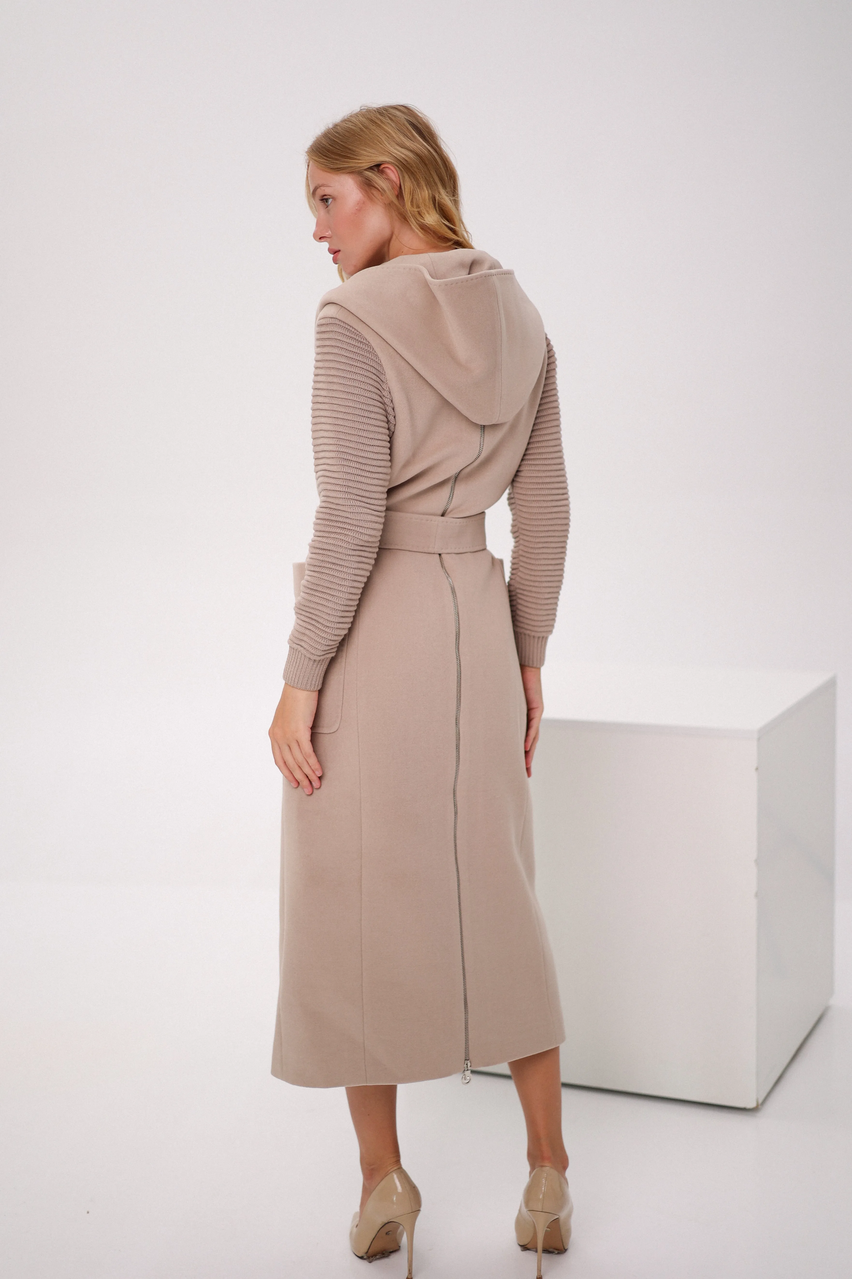 Cashmere Wool Coat with Knit Sleeves and Hood in Nude Color