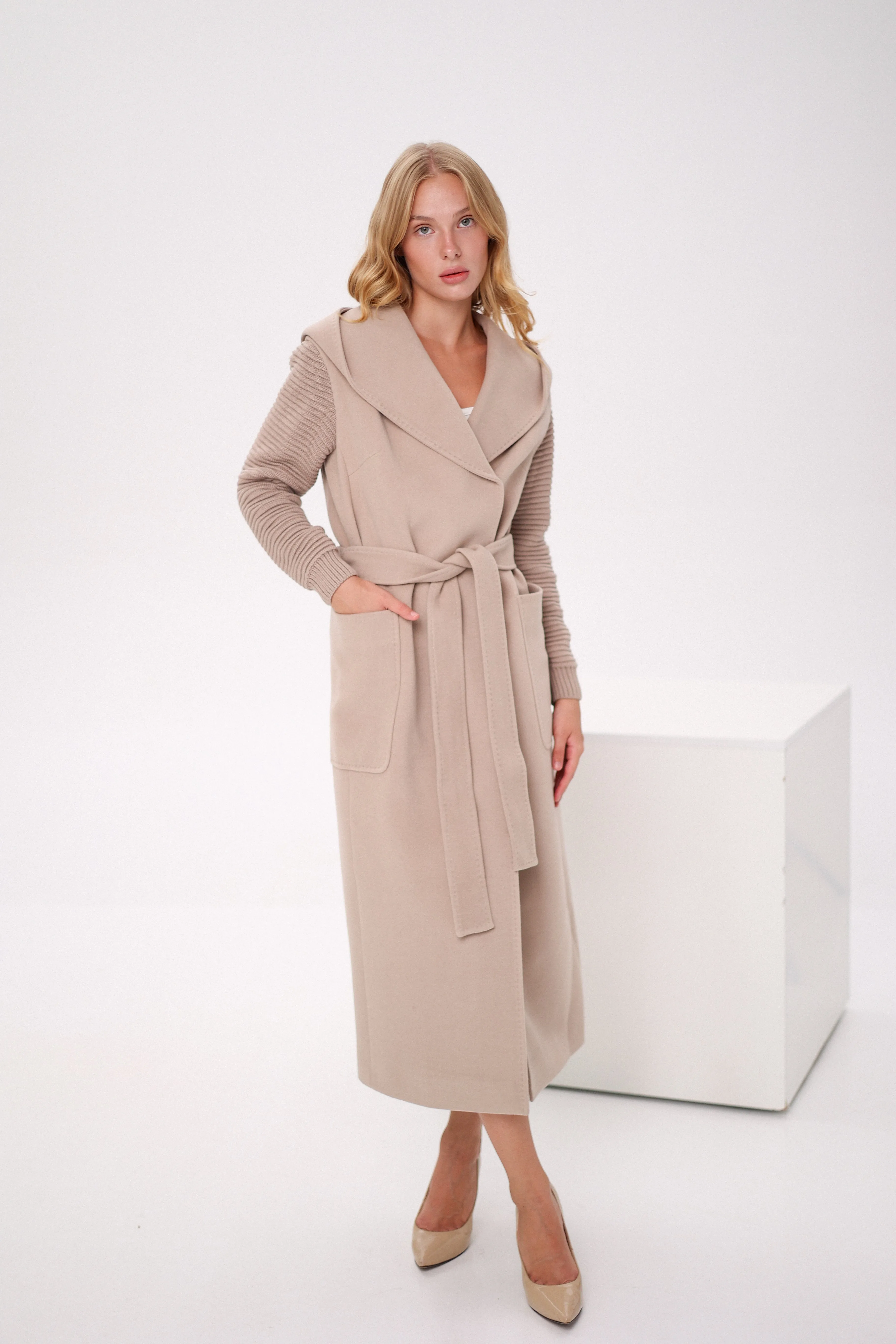 Cashmere Wool Coat with Knit Sleeves and Hood in Nude Color