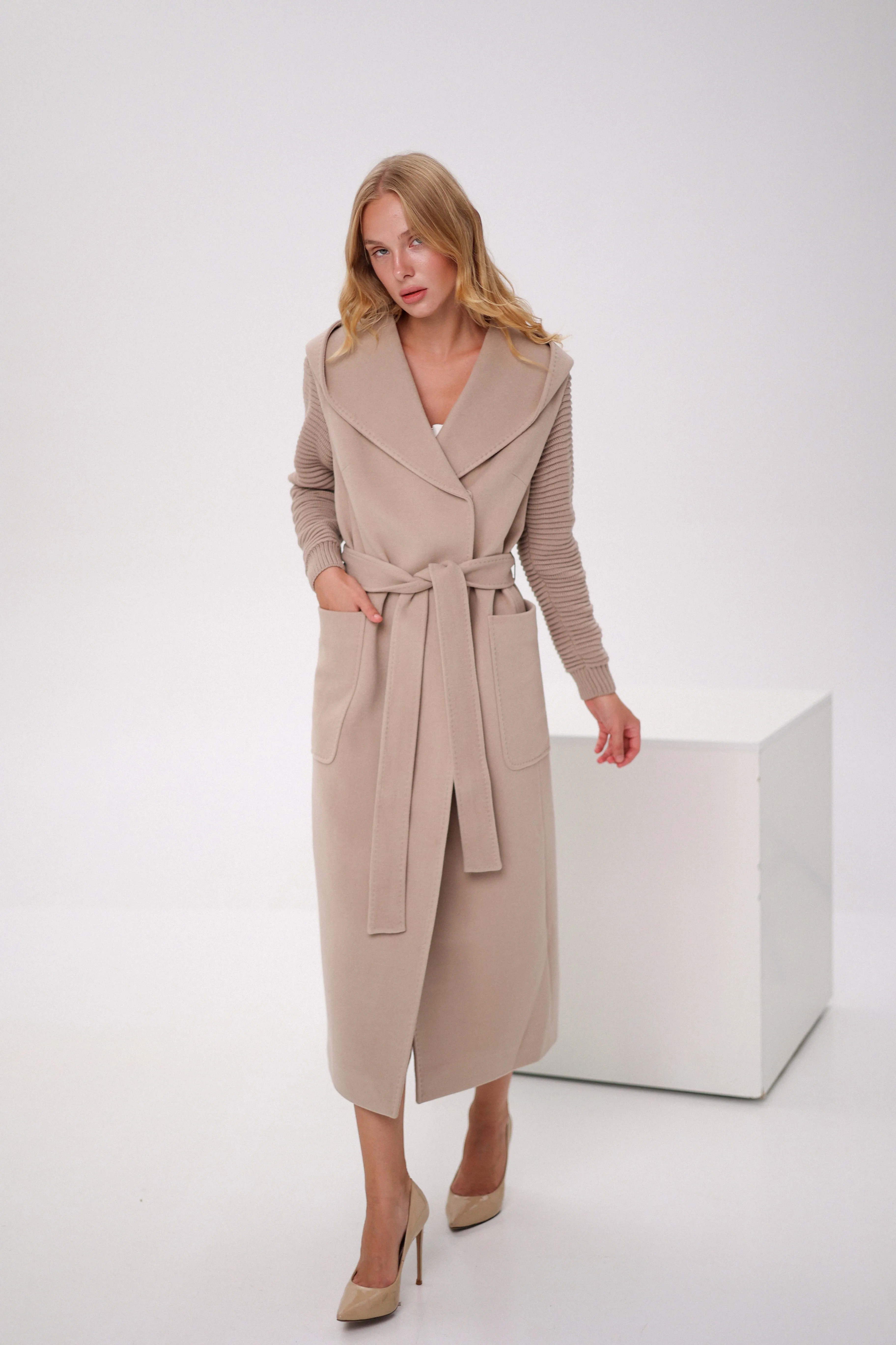 Cashmere Wool Coat with Knit Sleeves and Hood in Nude Color