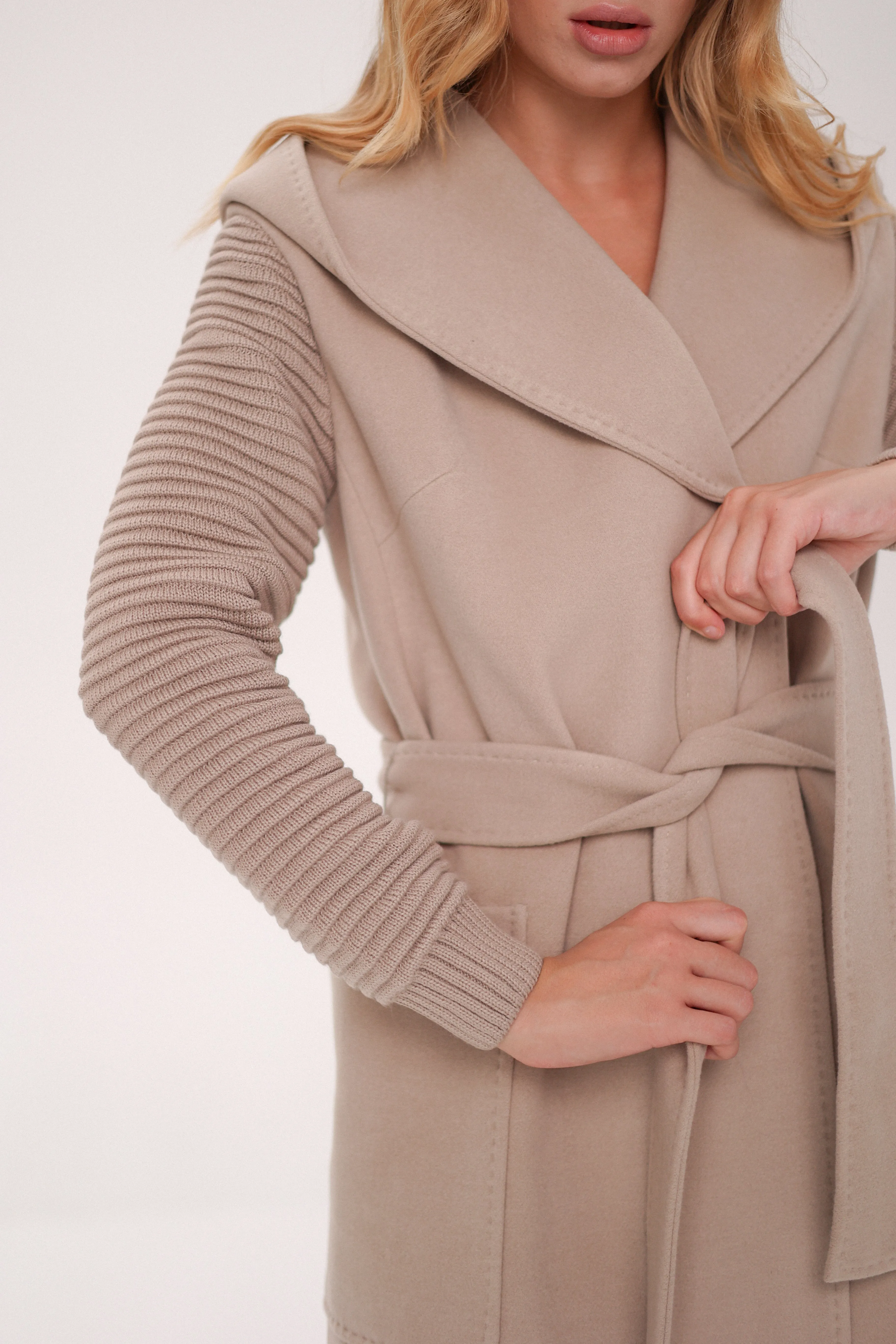 Cashmere Wool Coat with Knit Sleeves and Hood in Nude Color