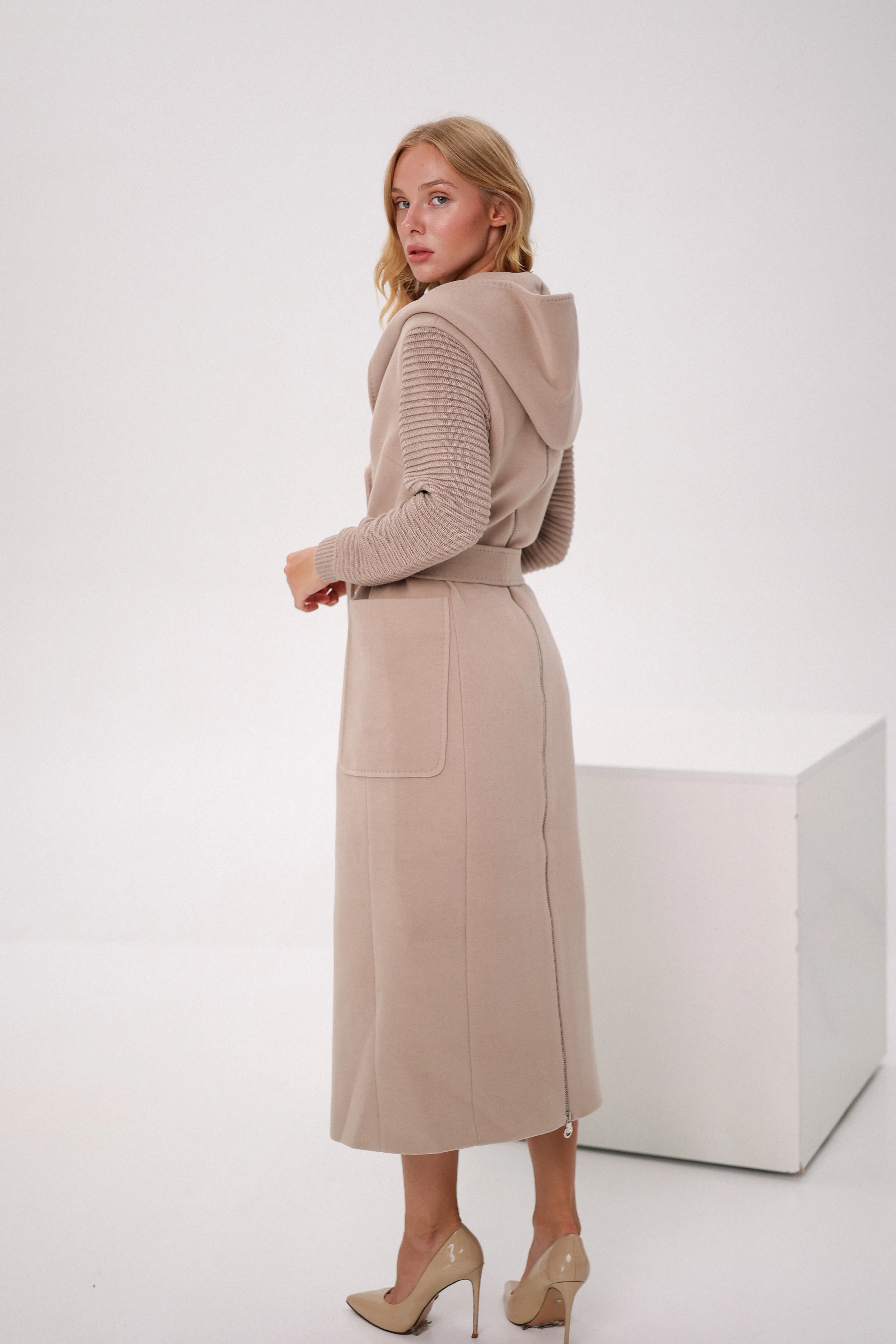 Cashmere Wool Coat with Knit Sleeves and Hood in Nude Color