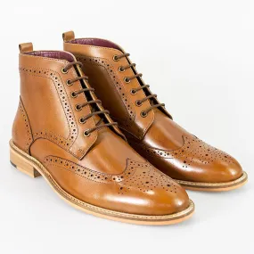 Cavani Holmes Leather Brogue Lace Up Tan Boots