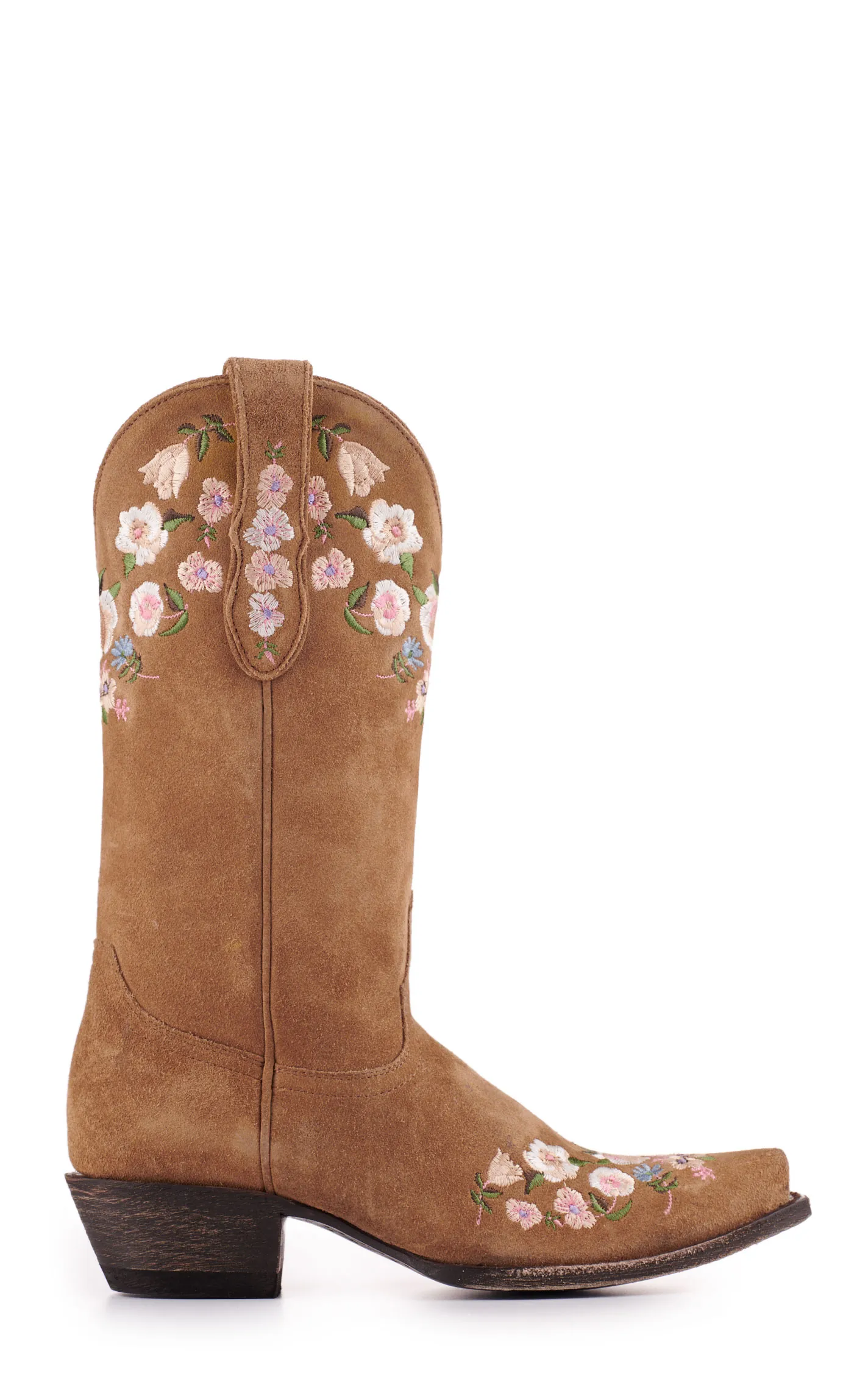 Cavender's Women's Brown Suede Floral Embroidery Snip Toe Cowboy Boots