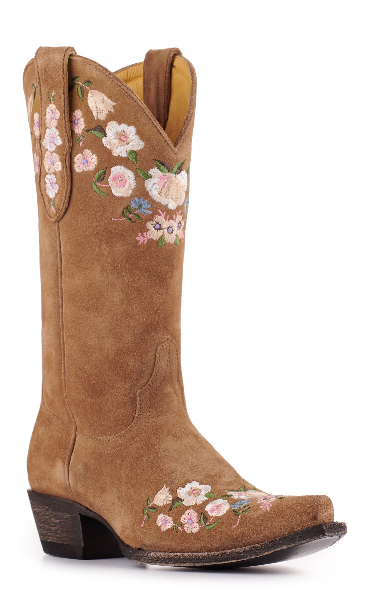 Cavender's Women's Brown Suede Floral Embroidery Snip Toe Cowboy Boots