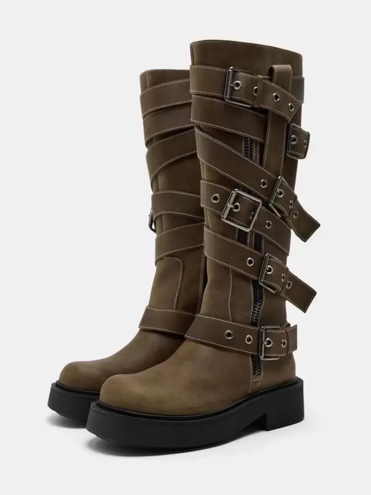 Dark Green Chic Buckle Flat Knee-High Boots