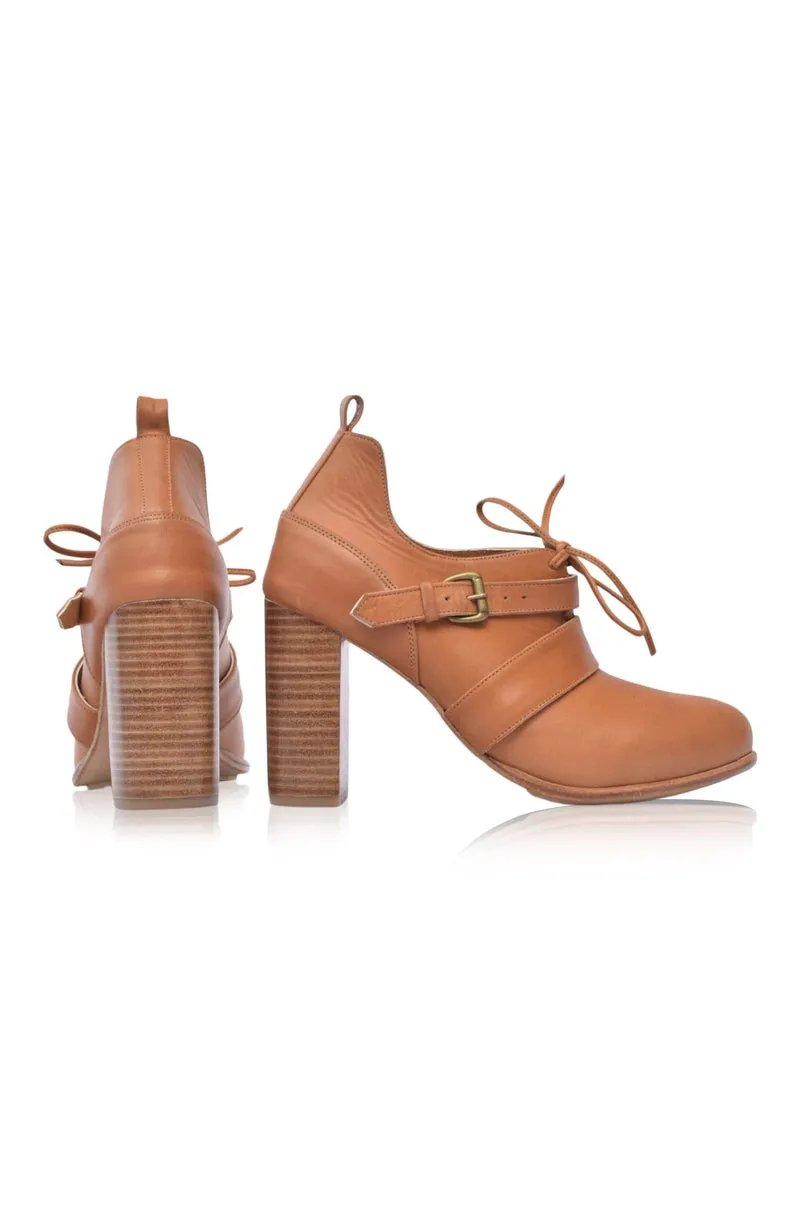 Dark Tan Josephine Lace up Leather Heels