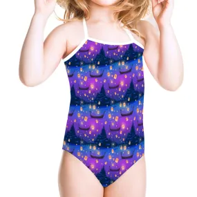 Disney Tangled Rapunzel Floating Lanterns Girl's Halter One Piece Swimsuit