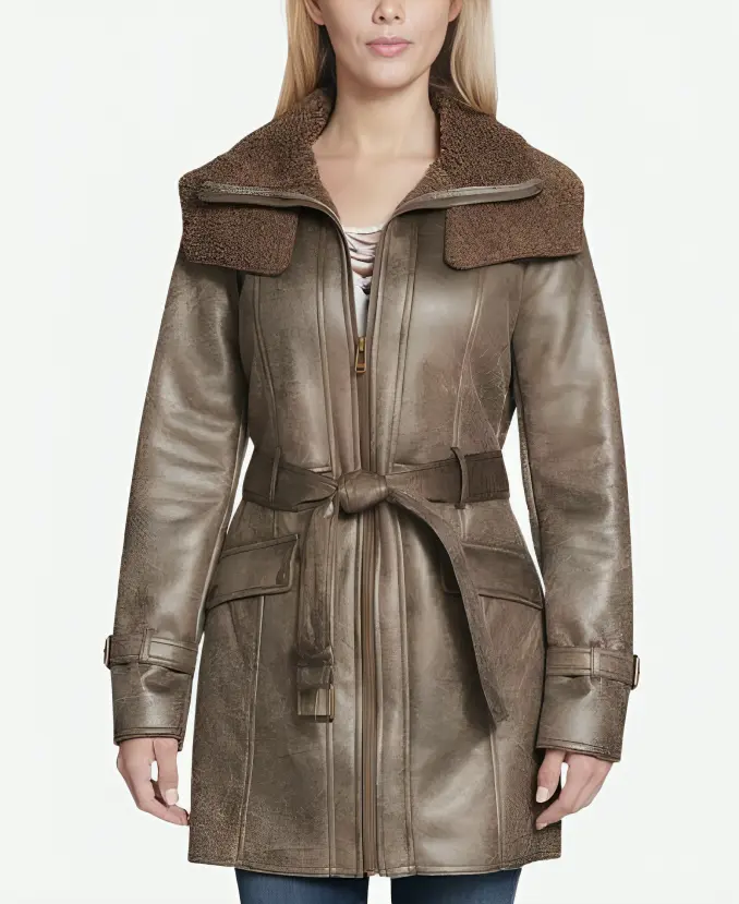 Leather Belted Duster Shearling Coat