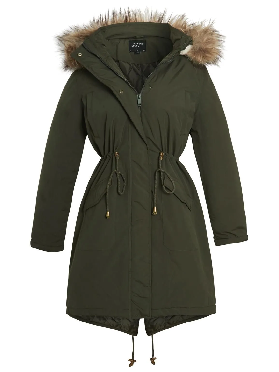 Black and Khaki Fleece Lined Faux Fur Fishtail Parka Coat in UK Sizes 8 to 16