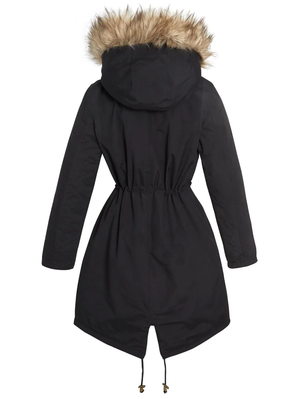 Black and Khaki Fleece Lined Faux Fur Fishtail Parka Coat in UK Sizes 8 to 16