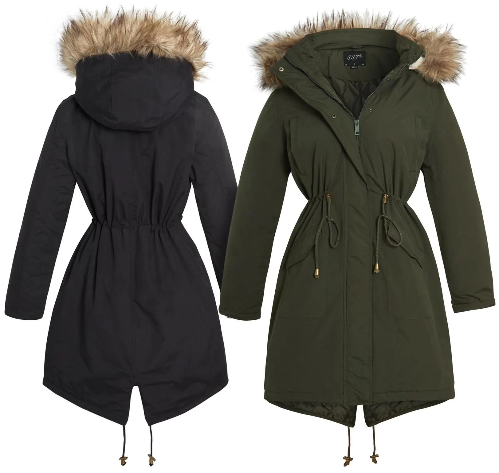 Black and Khaki Fleece Lined Faux Fur Fishtail Parka Coat in UK Sizes 8 to 16