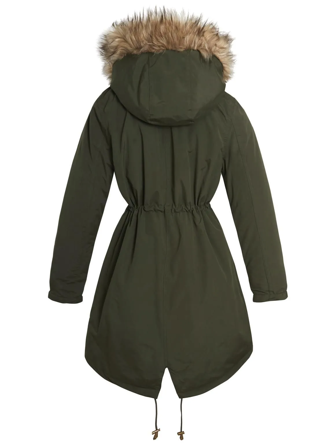 Black and Khaki Fleece Lined Faux Fur Fishtail Parka Coat in UK Sizes 8 to 16