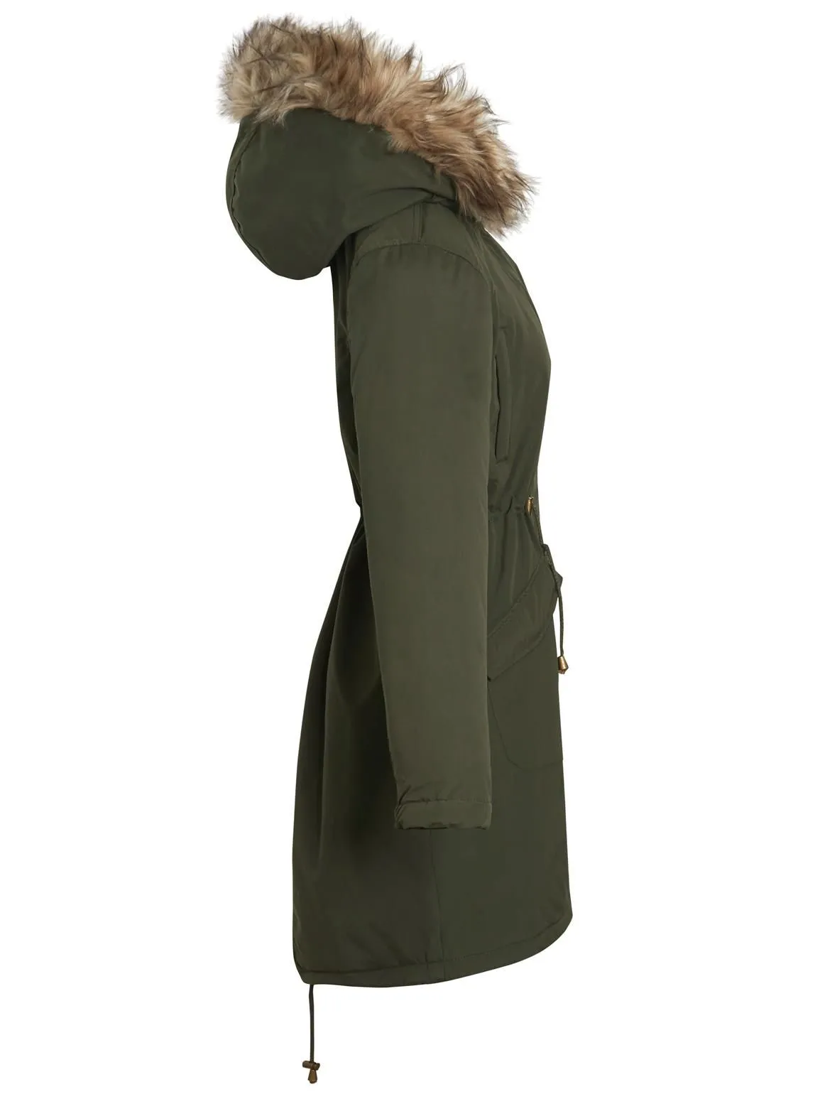 Black and Khaki Fleece Lined Faux Fur Fishtail Parka Coat in UK Sizes 8 to 16