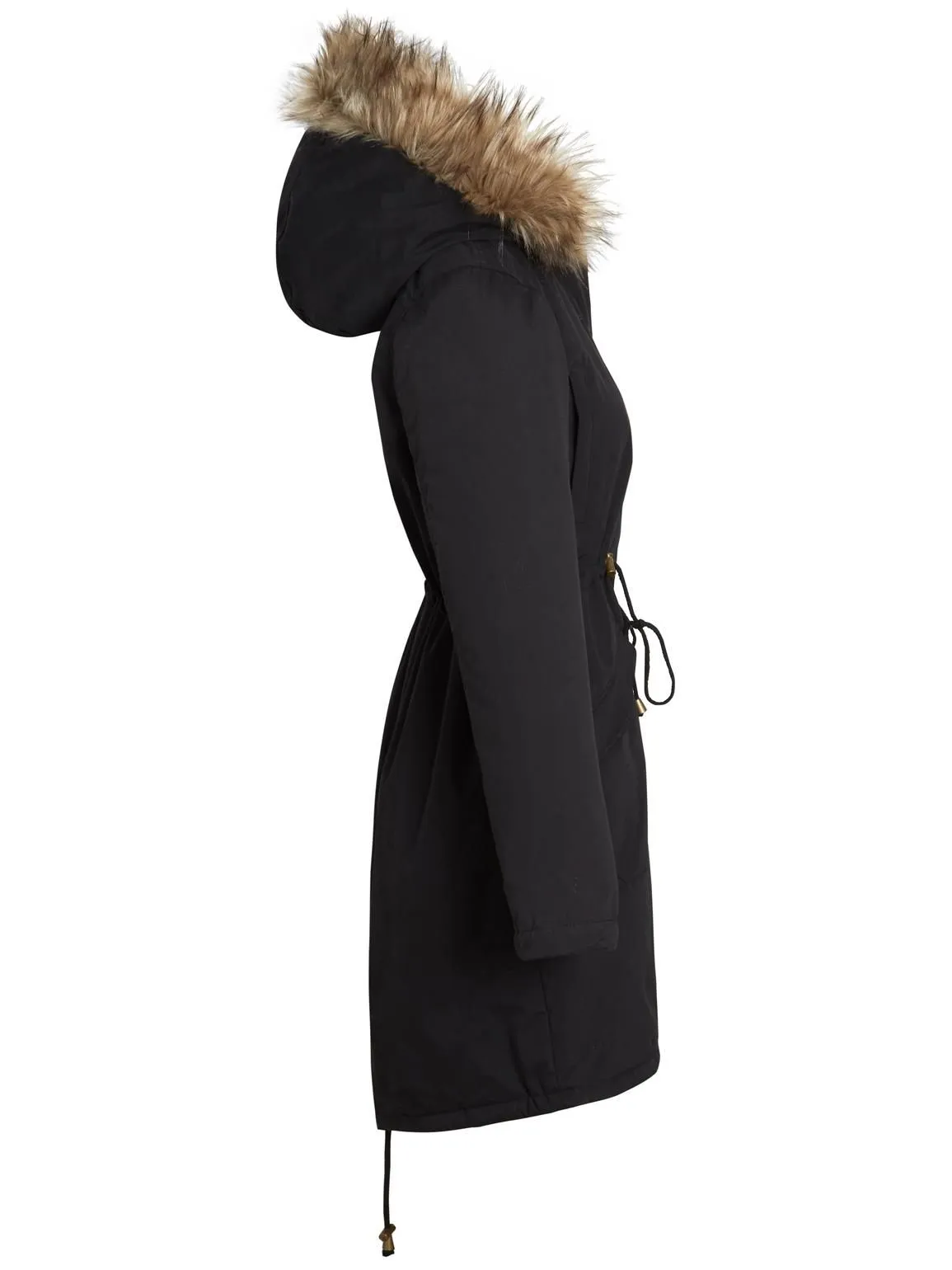 Black and Khaki Fleece Lined Faux Fur Fishtail Parka Coat in UK Sizes 8 to 16