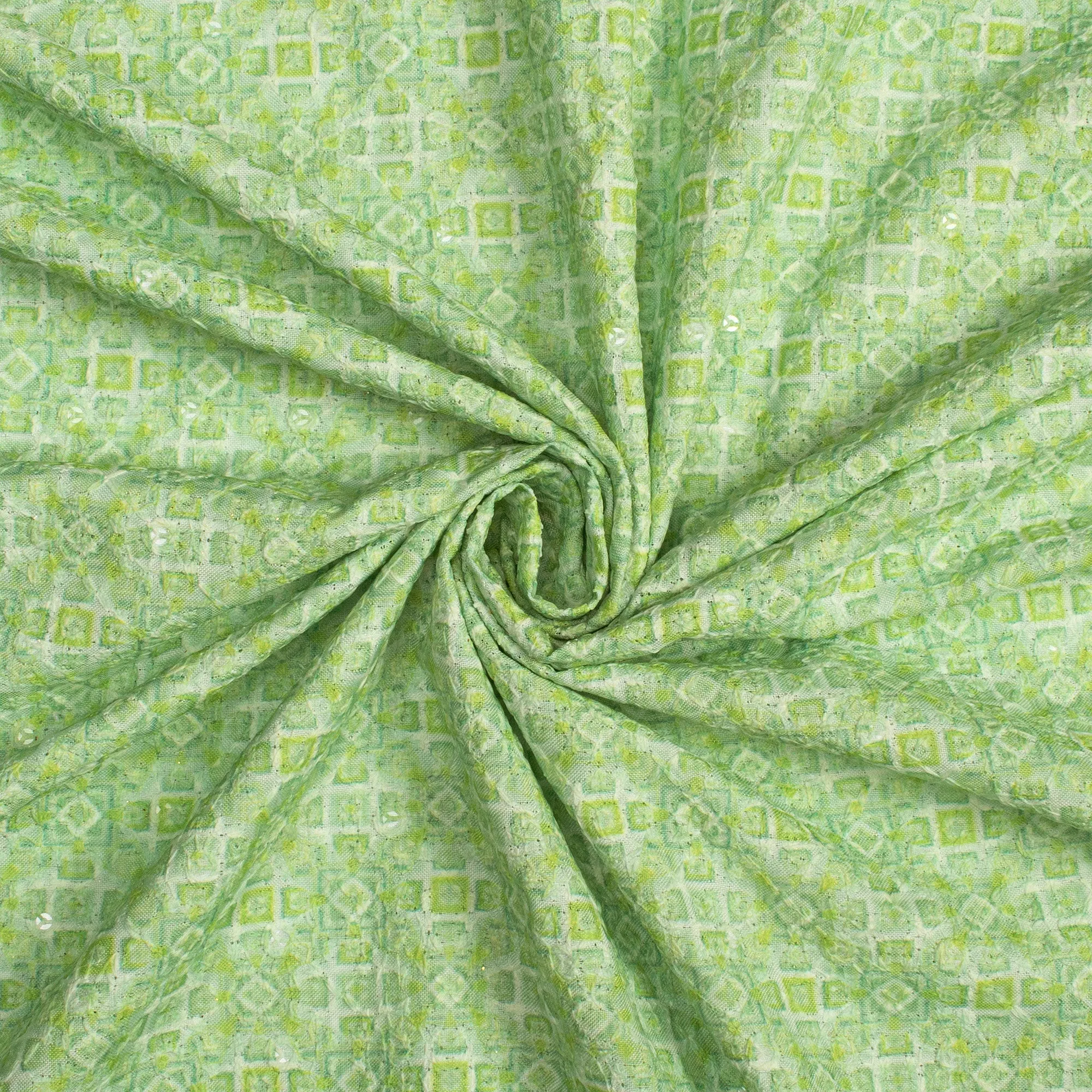 Green White Geometric Digital Print Embroidery Rayon Fabric