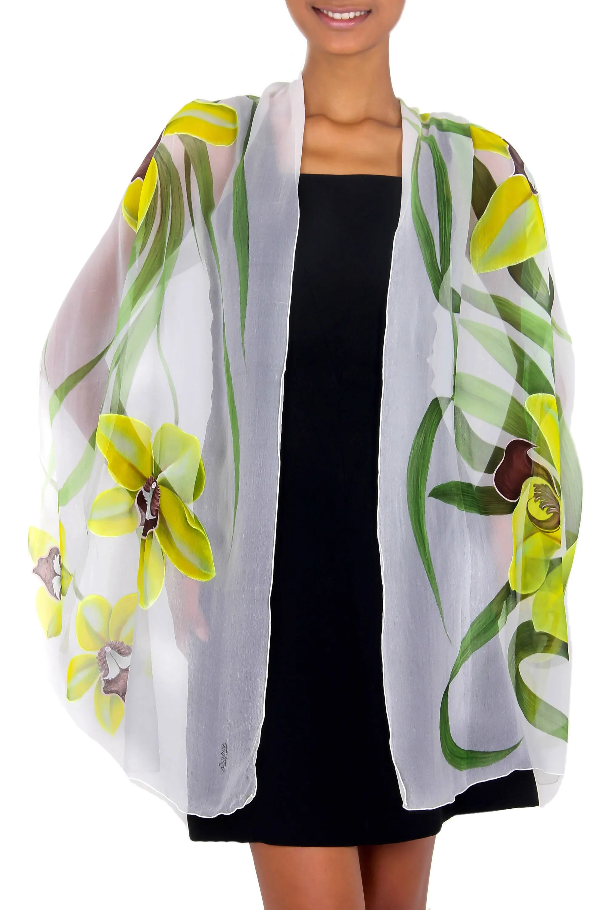 Handpainted Silk Shawl with Green Orchid Design