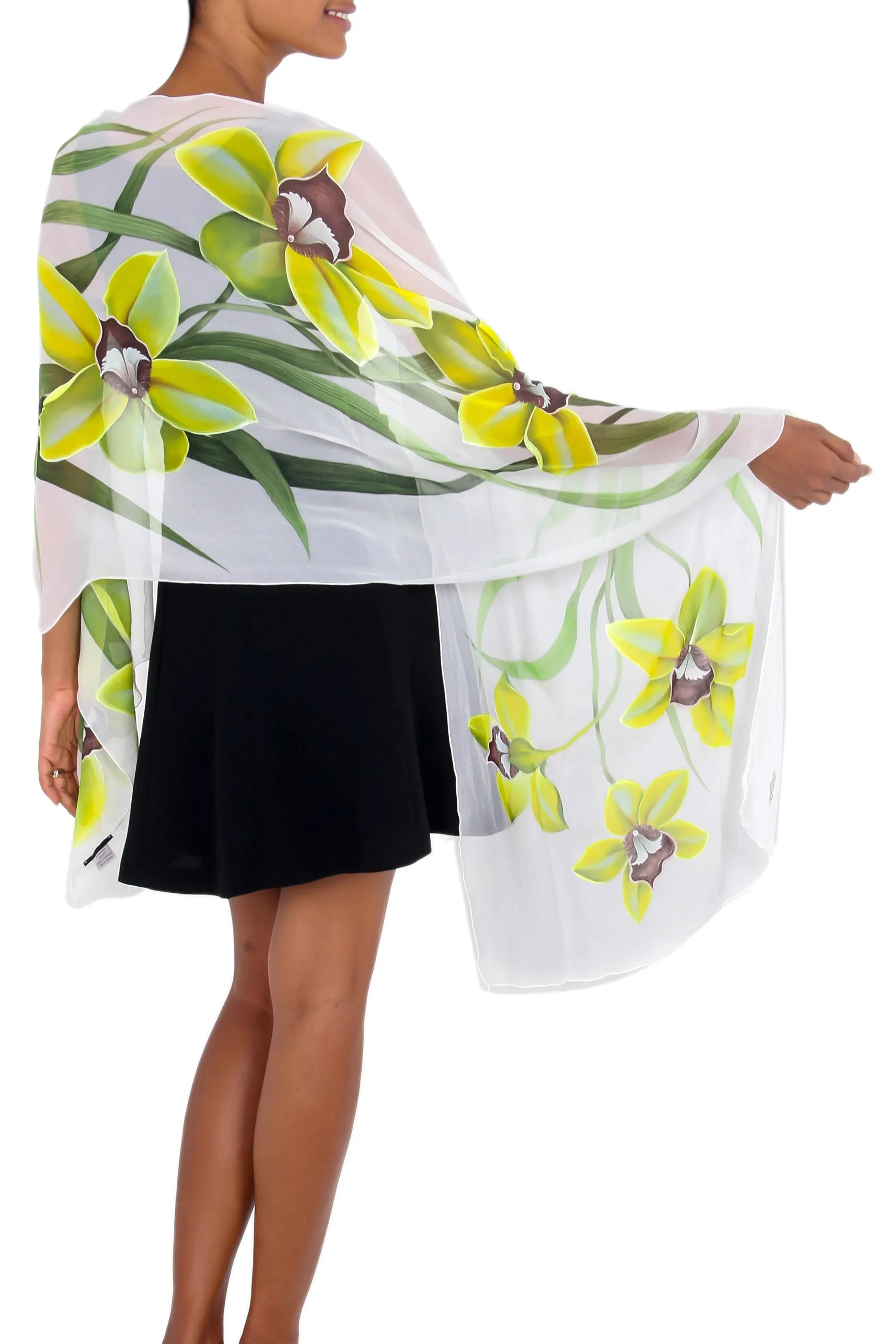 Handpainted Silk Shawl with Green Orchid Design