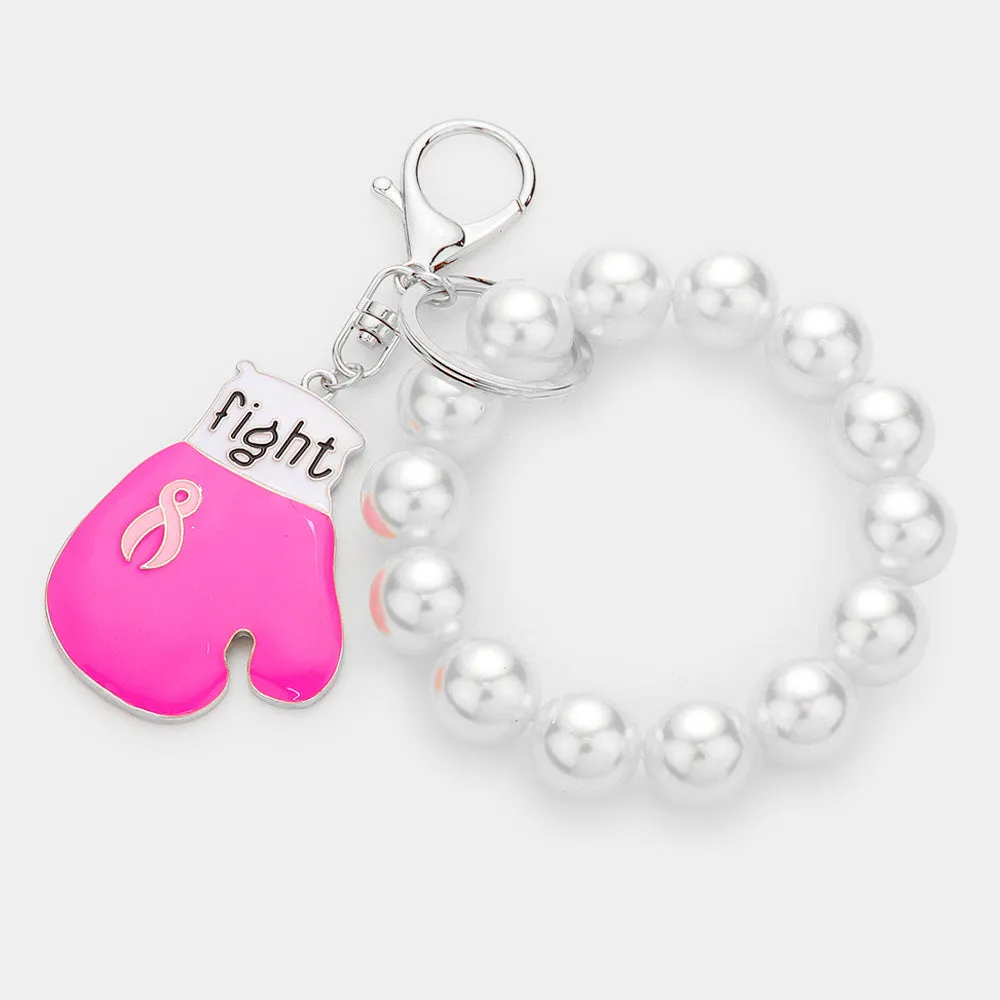 Pink Ribbon Glove Pearl Stretch Keychain Bracelet by iLLASPARKZ Fight Message