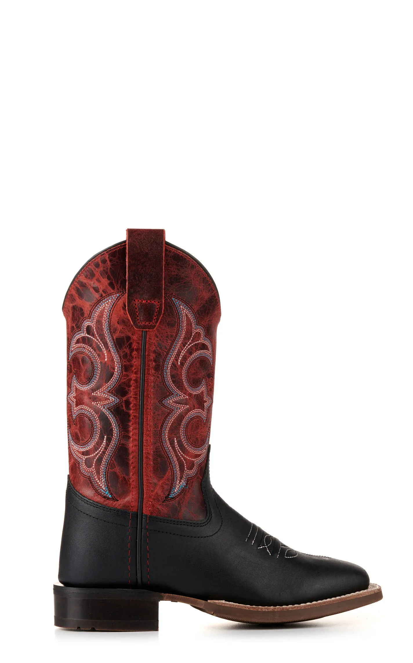 Kids Black and Red Wide Square Toe Cowboy Boots