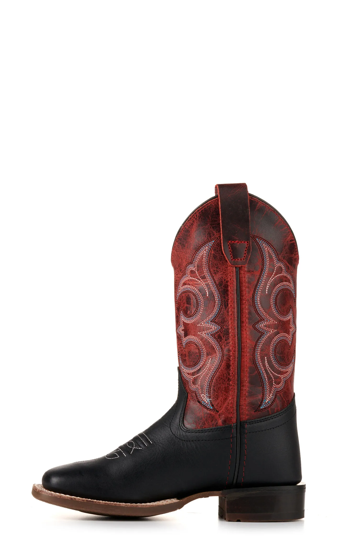 Kids Black and Red Wide Square Toe Cowboy Boots