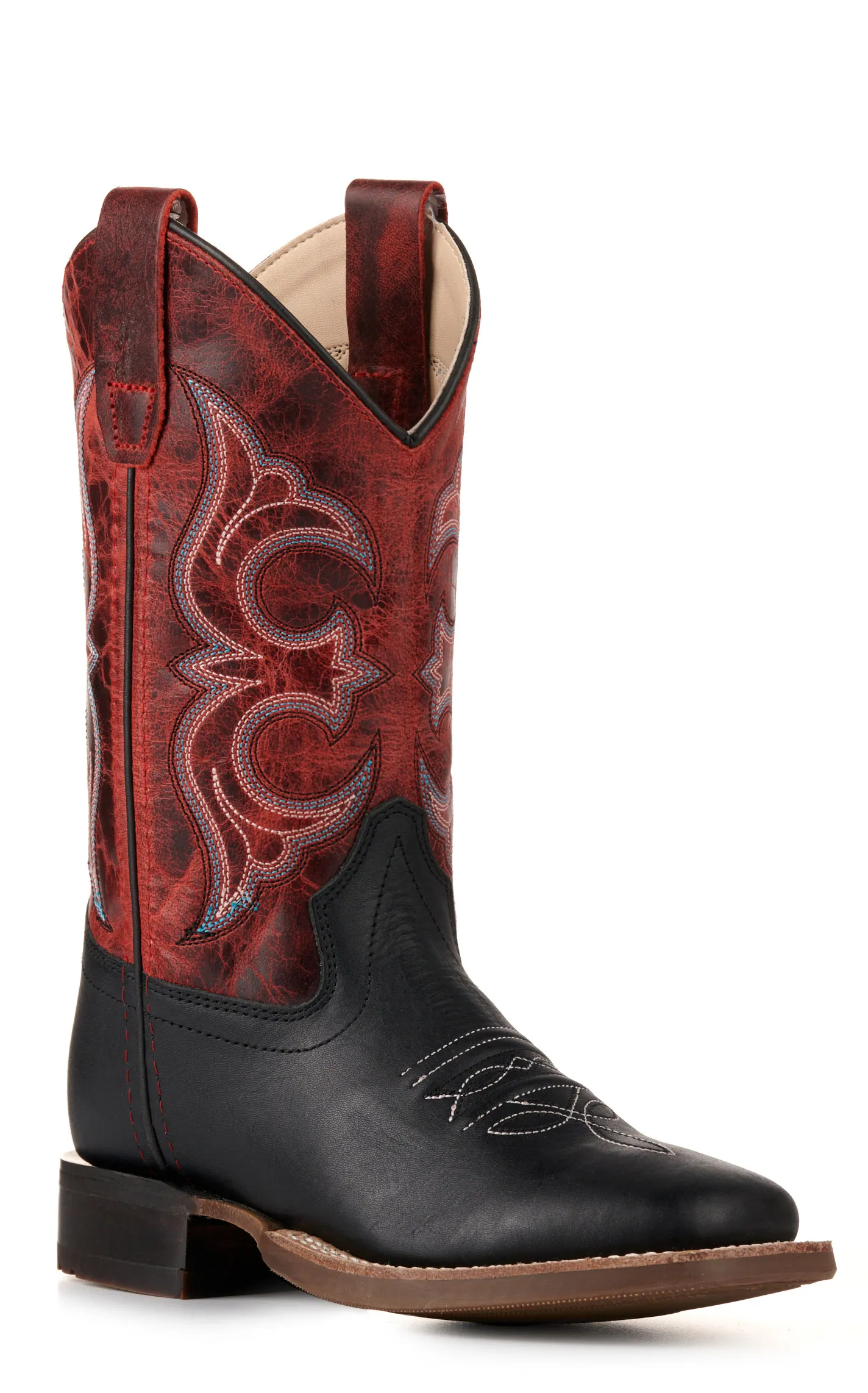 Kids Black and Red Wide Square Toe Cowboy Boots